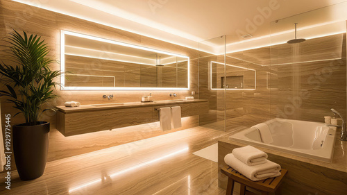Modern bathroom interior with illuminated mirror and bathtub