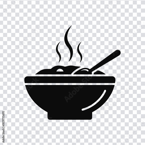 Black silhouette of a steaming bowl of noodles with a spoon