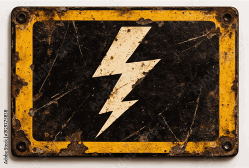 Vintage electrical hazard warning sign on aged enamel metal plate with lightning bolt symbol