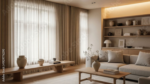 Modern living room with beige sofa wooden coffee table and shelves