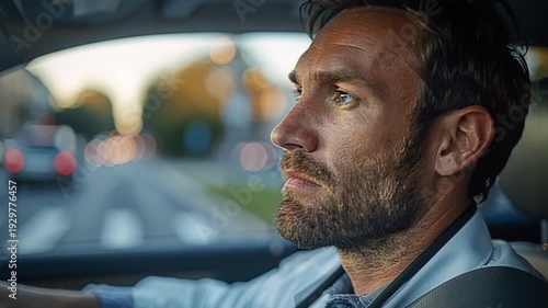 Medical professional, donning stethoscope, is lost thought while navigating through city's busy traffic during warm, golden hour light, concentrating on healthcare challenges faced in their profession