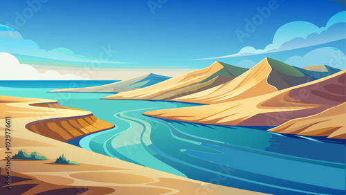 Large coastal sand dunes forming soft curves near calm shoreline open sky above clean minimal vector illustration flat design uncluttered composition