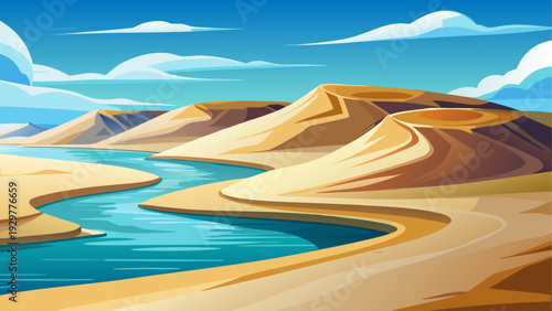 Large coastal sand dunes forming soft curves near calm shoreline open sky above clean minimal vector illustration flat design uncluttered composition