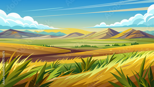A highland grass plateau stretching across wide open terrain distant horizon under bright sky clean minimal vector illustration flat design uncluttered composition
