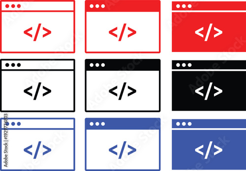 Code window vector illustration set with programming language symbols and browser interfaces