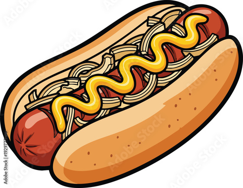 Delicious Hot Dog with Mustard and Onions Illustration.