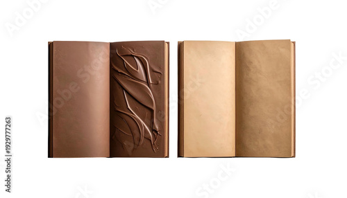 Side-by-side view; one chocolate bar smooth, the other sculpted, with neutral paper pages