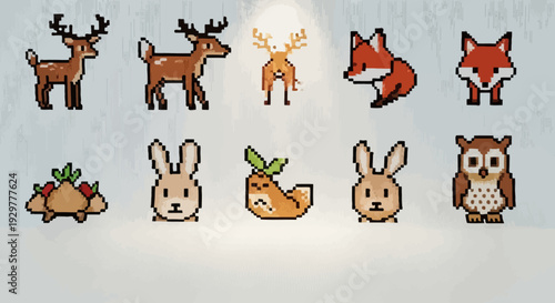 Pixelated forest animals deer fox rabbit and owl isolated on white