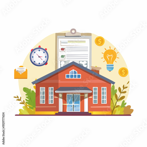 Real estate investment concept with a house, checklist, clock, lightbulb, and coins representing property ownership and financial planning