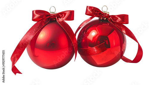 Two shiny red ornaments with bows, set against a transparent background