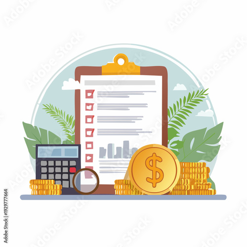 Financial analysis and accounting with a calculator, magnifying glass, coins, and a checklist on a clipboard, emphasizing detailed review
