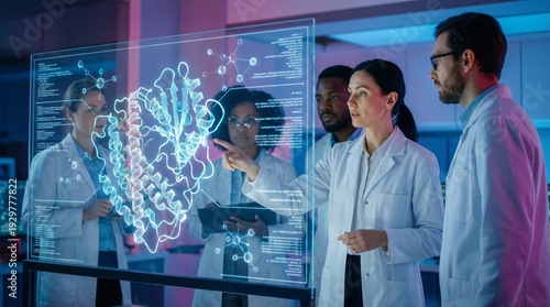 Group of medical researchers studying a holographic human anatomy interface in a high-tech lab