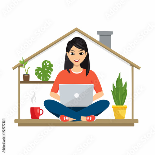 Cheerful Asian woman working on a laptop while sitting cross-legged inside a stylized house outline, surrounded by plants and a steaming mug