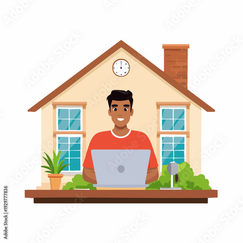 Smiling man working on a laptop in front of a stylized house, with windows, a clock, and greenery, representing remote work