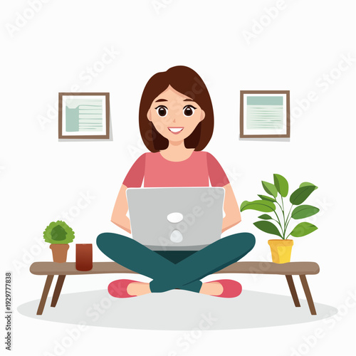 Woman sitting cross-legged on a bench with a laptop, surrounded by plants and framed in a cozy home office setting