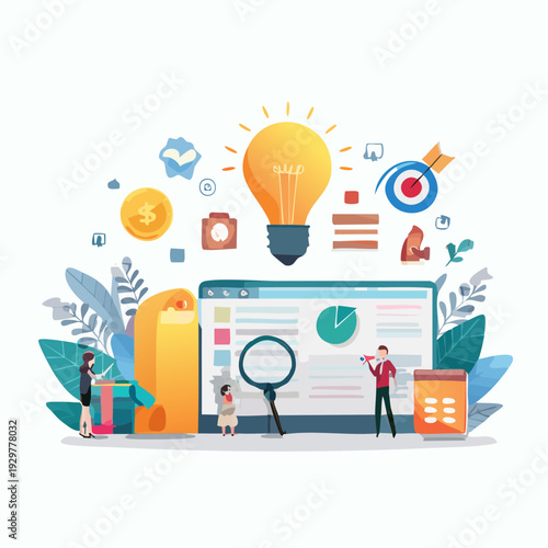 Business strategy concept with people analyzing data on a computer screen and a bright idea lightbulb symbolizing innovation and success in a modern flat