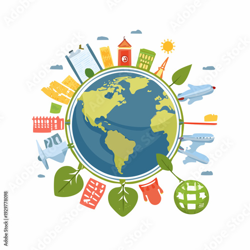 Conceptual of planet Earth surrounded by diverse symbols of travel, urban life, and environmental signifying global connectivity and sustainability