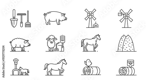 Farm Animals and Equipment Line Icons Set.
