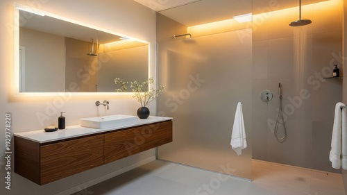 Modern bathroom interior with wooden vanity white sink and rainfall showerhead in luxurious ambiance with soft lighting
