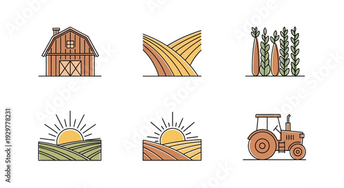 Farm Icons Featuring Barn Tractor and Crops.