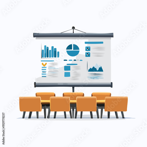Conference room setup with a presentation screen displaying financial charts and graphs and a row of empty orange chairs in front