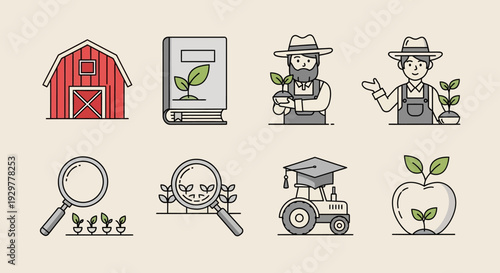 Farm icons set including barn and tractor.