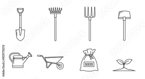 Gardening Tools and Equipment Illustration Set.