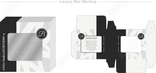 Luxury Box Mockup With Black Sleeve Tonal Pattern And Circular Badge On Flat Dieline And 3D Render