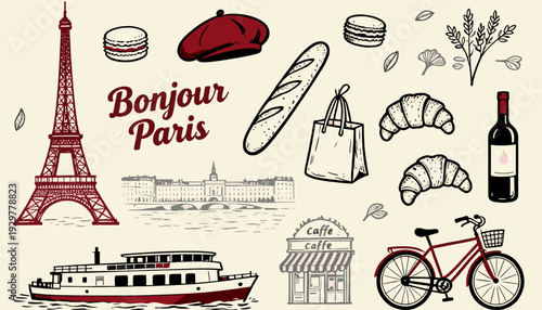 Charming Vector Doodle Collection: Paris Landmarks Delicacies and Lifestyle Elements