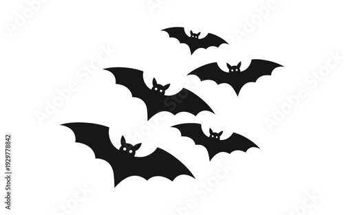 Five black bat silhouettes flying together in a group formation