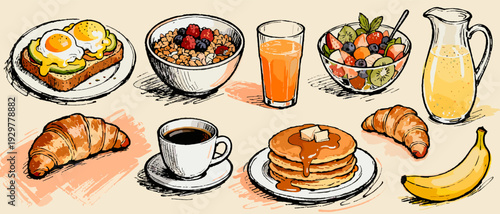 Delicious Hand-Drawn Breakfast Set with Pancakes Fruit Coffee and More