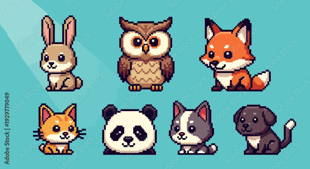 Fototapeta premium Pixelated animals illustration set featuring rabbit owl fox cat panda dog