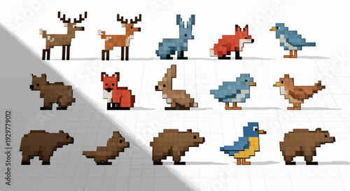Pixelated forest animals deer fox bear and birds in digital illustration