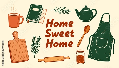 Collage of kitchen tools and cookery items with 'Home Sweet Home' text