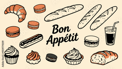Delicious French Patisserie and Bakery Items Scattered with Bon Appetit Text