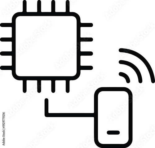 A black line drawing of a microchip connected to a wireless device transmitting signals