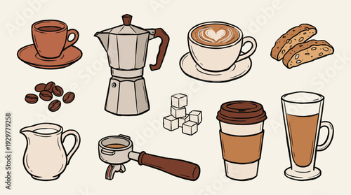 Illustrated Coffee Icons: Moka Pot Espresso Latte Art and Beans Collection
