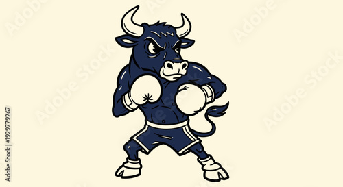 Dynamic Cartoon Bull Fighter Ready to Strike with Boxing Gloves