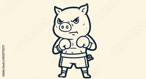 Angry cartoon pig mascot in boxing gear, ready for a tough fight or intense challenge
