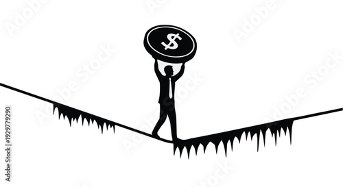Businessman balancing on tightrope with large dollar coin