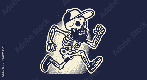 Energetic Bearded Skeleton Jogger in Baseball Cap on a Lively Run for Fitness