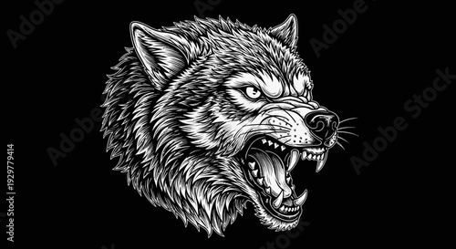 Intensely fierce wolf head illustration in powerful black and white graphic art style