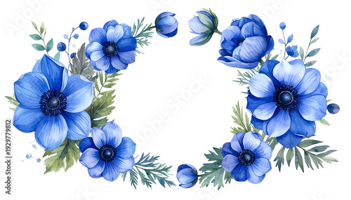 Watercolor floral wreath of blue anemone flowers and foliage against a black background