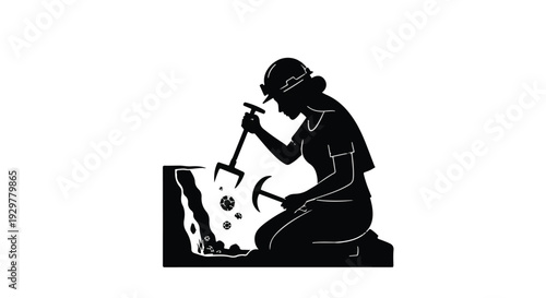 woman mining gemstones with pickaxe silhouette