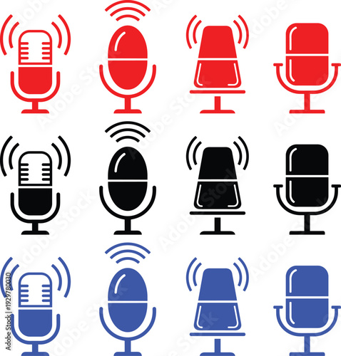 Microphone podcast icon set for recording studio and radio broadcasting applications with sound wave signal