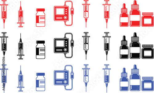 Medical equipment illustration set including syringes vials and blood pressure monitor icons for healthcare