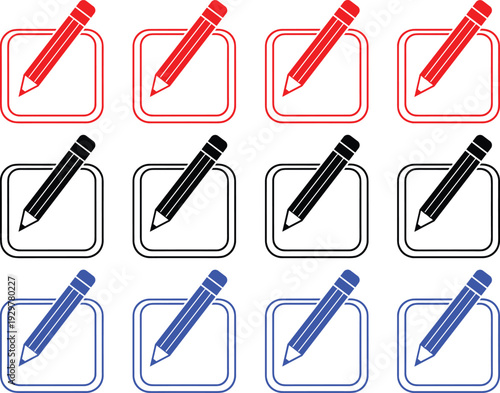 Edit post compose message icon set with pencil and square frame for content creation and blogging software