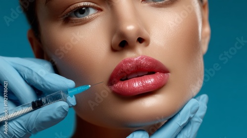 Licensed Medical Professional Administering Lip Filler to Multicultural Woman in Modern Aesthetic Dermatology Clinic Environment