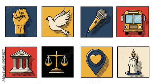 Retro pop art icons featuring peace symbols, transportation, and justice elements