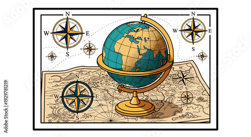 Vintage world map with globe and compass rose in retro style